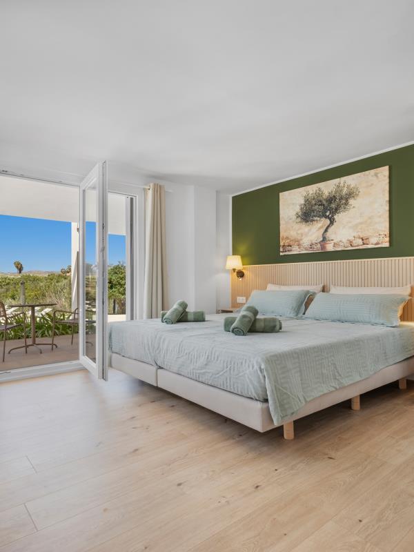 Room 1 bedroom with double bed, green accent wall and terrace doors with mountain view